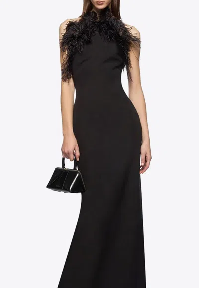 Attico Long Dress Cady Ostrich Feathers Detail In Brown