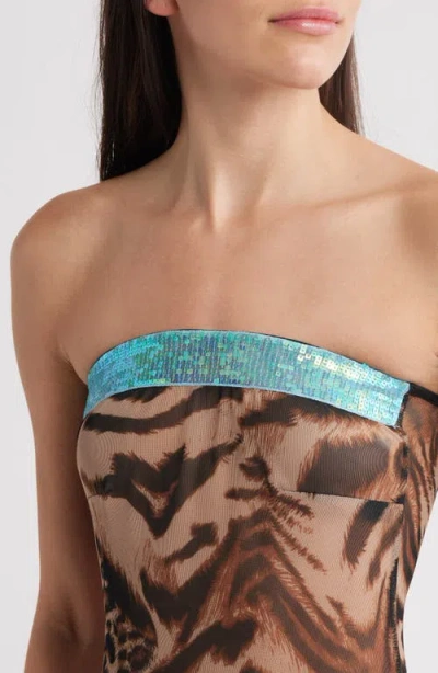 Bella Venice Sheer Cheetah Strapless Minidress In Brown