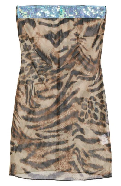 Bella Venice Sheer Cheetah Strapless Minidress In Brown