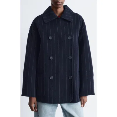 & Other Stories Chalk Stripe Wool Blend Cocoon Jacket In Blue