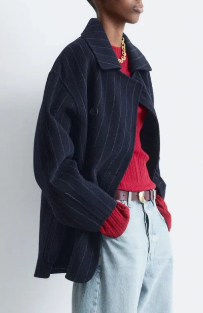 & Other Stories Chalk Stripe Wool Blend Cocoon Jacket In Blue