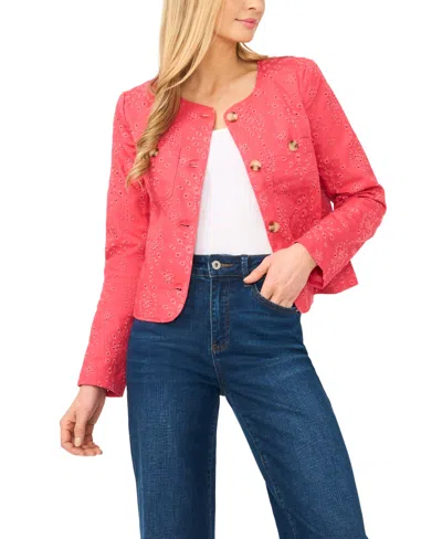 Cece Collarless Eyelet Jacket In Red