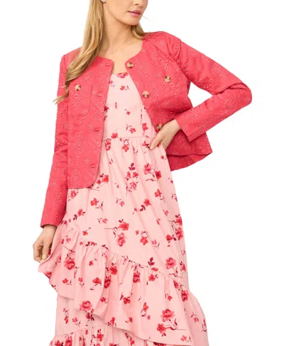 Cece Collarless Eyelet Jacket In Red