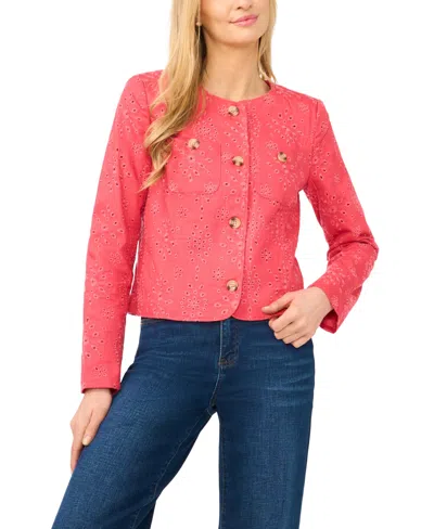 Cece Collarless Eyelet Jacket In Red