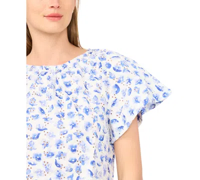 Cece Printed Eyelet Short Sleeve Top In Blue