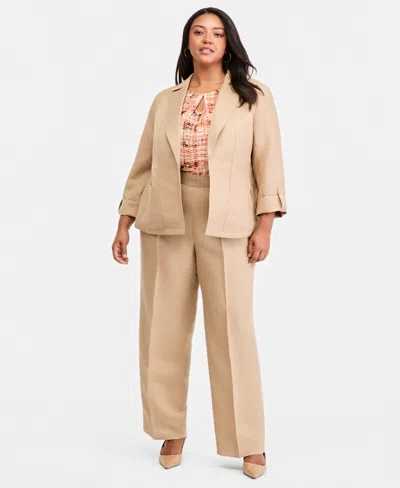 Kasper Plus Size Open-front Seamed Roll-tab-sleeve Jacket In Neutral