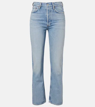 Agolde 90's Pinch Waist Long Frayed High-rise Straight-leg Jeans In Blue
