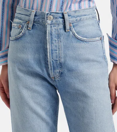 Agolde 90's Pinch Waist Long Frayed High-rise Straight-leg Jeans In Blue