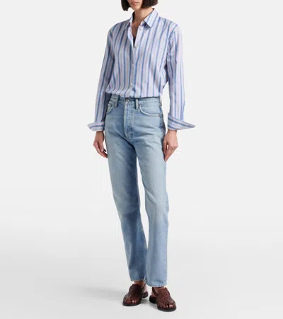 Agolde 90's Pinch Waist Long Frayed High-rise Straight-leg Jeans In Blue