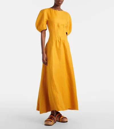 Gabriela Hearst Ranya Puff Sleeve Maxi Dress In Golden Birch Linen Twill In Brown