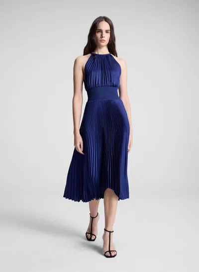 A.l.c Renzo Ii Satin Pleated High-neck Midi Dress In Blue