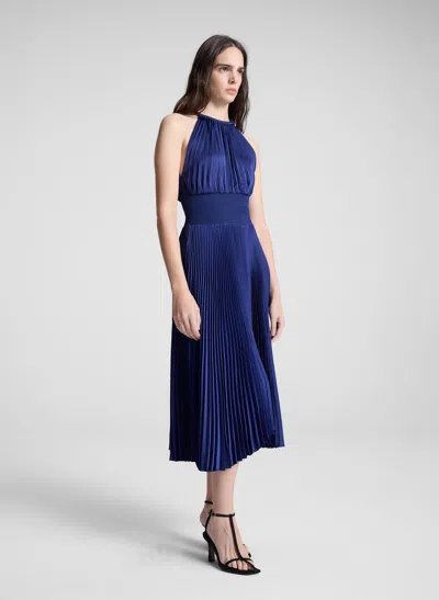 A.l.c Renzo Ii Satin Pleated High-neck Midi Dress In Blue