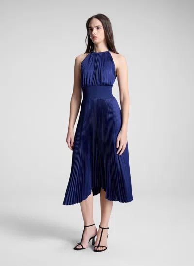A.l.c Renzo Ii Satin Pleated High-neck Midi Dress In Blue