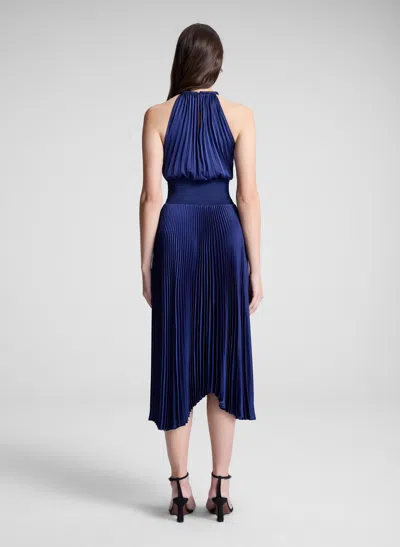 A.l.c Renzo Ii Satin Pleated High-neck Midi Dress In Blue