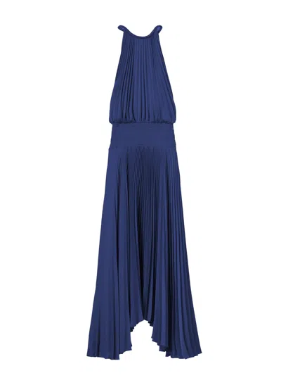 A.l.c Renzo Ii Satin Pleated High-neck Midi Dress In Blue