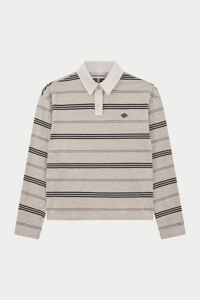 The Couture Club Striped Long Sleeve Polo Tee - Grey Marl In Gray