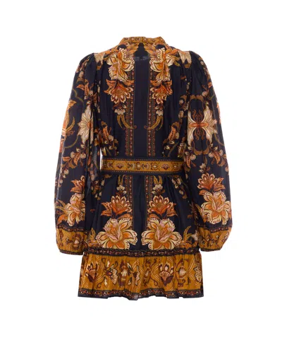 Farm Rio Majestic Garden Multicolor Crewneck Mini Dress With All-over Floral Motif And Front Belt In Cotton W