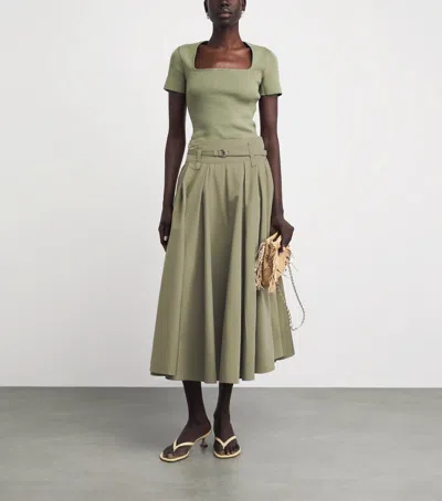 Maje Womens Khaki Pleated Belted-waist Cotton-blend Maxi Skirt In Green