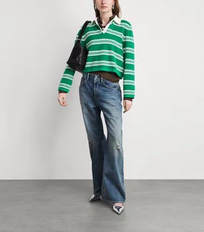 Maje Womens Green Striped Cropped Cotton-blend Polo Jumper In Multi