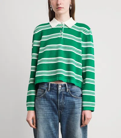 Maje Womens Green Striped Cropped Cotton-blend Polo Jumper In Multi