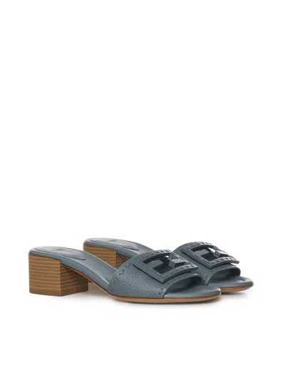 Fendi Baguette Mercury Blue Leather Medium-heel Slides
