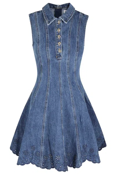 Self-portrait Paneled Broderie Anglaise Denim Mini Dress In Blue