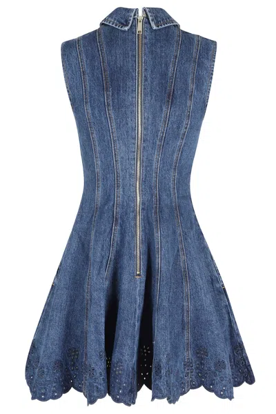 Self-portrait Paneled Broderie Anglaise Denim Mini Dress In Blue