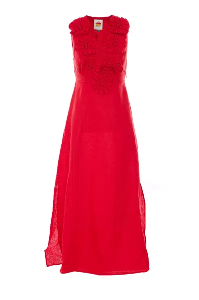 Farm Rio Linen Dress With Floral Appliques And Halterneck In Red