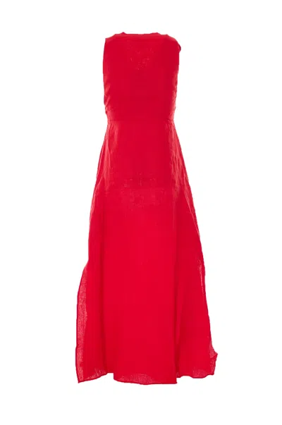 Farm Rio Linen Dress With Floral Appliques And Halterneck In Red