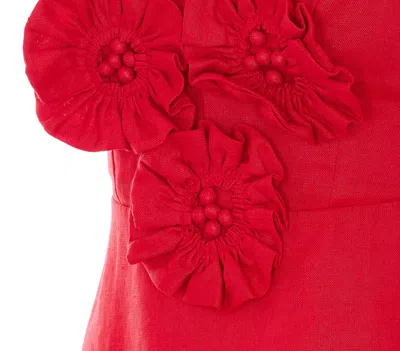 Farm Rio Linen Dress With Floral Appliques And Halterneck In Red