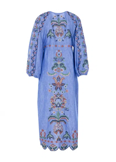Farm Rio Blue Crew Neck Dress With Knot Closure And All-over Embroidery In Fabric Woman