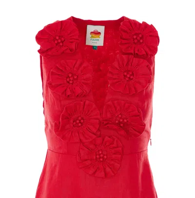 Farm Rio Linen Dress With Floral Appliques And Halterneck In Red