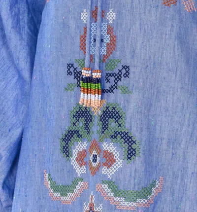 Farm Rio Blue Crew Neck Dress With Knot Closure And All-over Embroidery In Fabric Woman