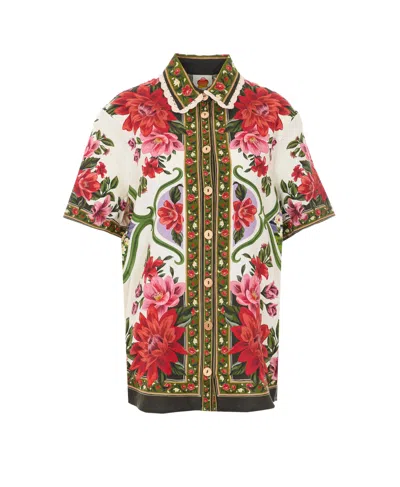 Farm Rio Wonder Multicolor Shirt With Lace Embroidered Classic Collar And All-over Floral Motif In Linen Blen