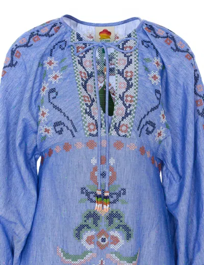 Farm Rio Blue Crew Neck Dress With Knot Closure And All-over Embroidery In Fabric Woman