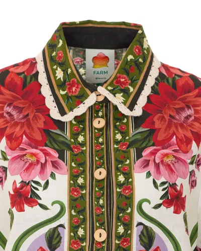 Farm Rio Wonder Multicolor Shirt With Lace Embroidered Classic Collar And All-over Floral Motif In Linen Blen