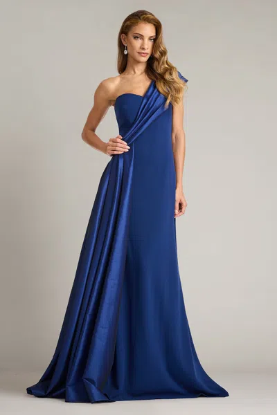 Tadashi Shoji One-shoulder Draped Crepe Gown In Blue