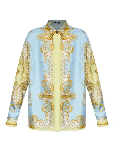 Versace Multicolor Long-sleeved Shirt With Pointed Collar And All-over Baroque Print In Silk For Women