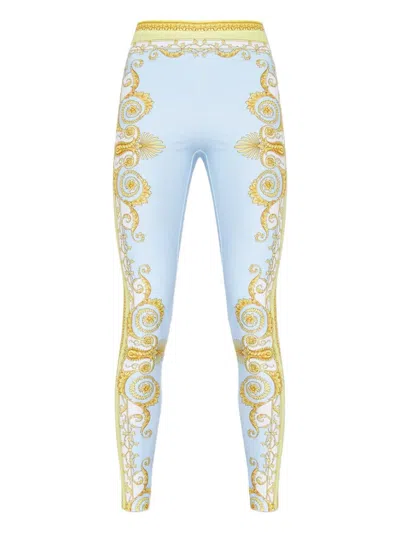 Versace Blue Leggings With All-over Geometric Print In Stretch Fabric Woman In Multi