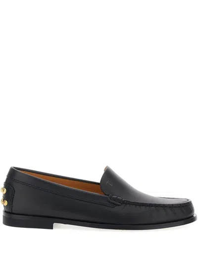 Tod's Black Loafers With Embossed Logo And Stud Details On The Back In Leather Woman