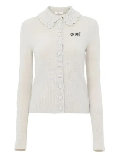 Chloé Wool Cardigan Logo Long Sleeves Scalloped Collar In Gray