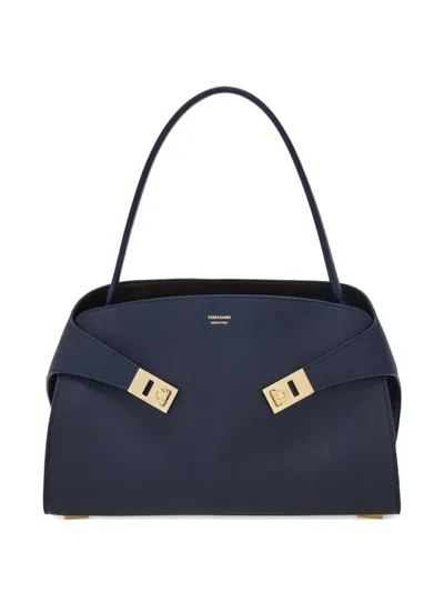 Ferragamo Soft Medium Shoulder Bag Gold Hardware Top Handle In Blue