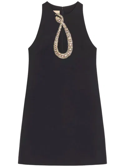 Valentino Garavani Rhinestone Snake Embroidery Crepe Couture Short Dress In Black