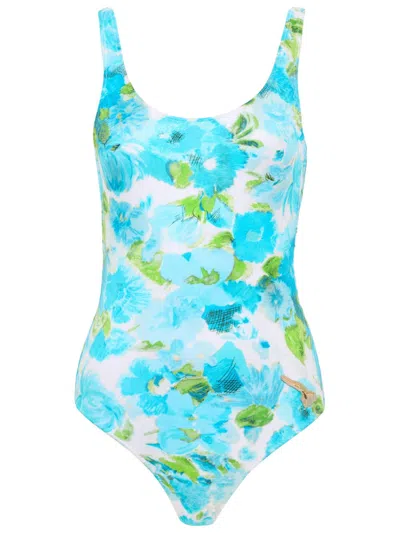 Chloé White And Blue Aqua Flower-print Lycra One-piece Swimsuit In Blue