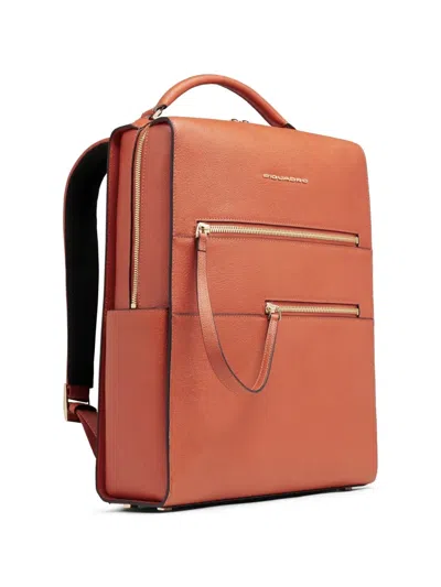 Piquadro Zip Leather Backpack In Orange