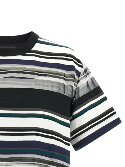 Sacai Striped Organza Insert Cotton T-shirt In Black