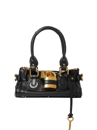 Chloé Paddington Black Shoulder Bag With Oversized Padlock And C-shaped Buckles In Grainy Leather Woman In Black