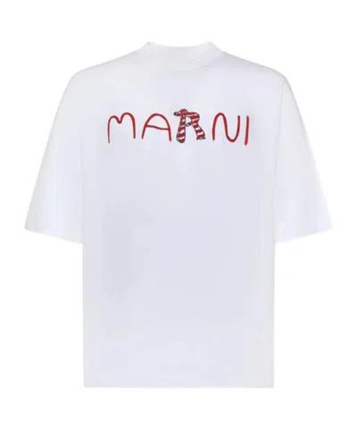 Marni Cotton T-shirt With Flocked Animal Alphabet Logo In White