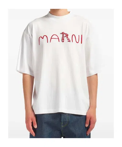 Marni Cotton T-shirt With Flocked Animal Alphabet Logo In White