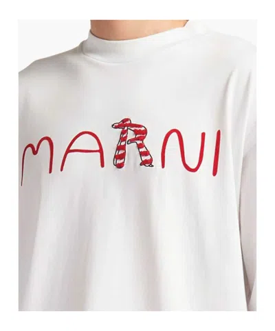Marni Cotton T-shirt With Flocked Animal Alphabet Logo In White
